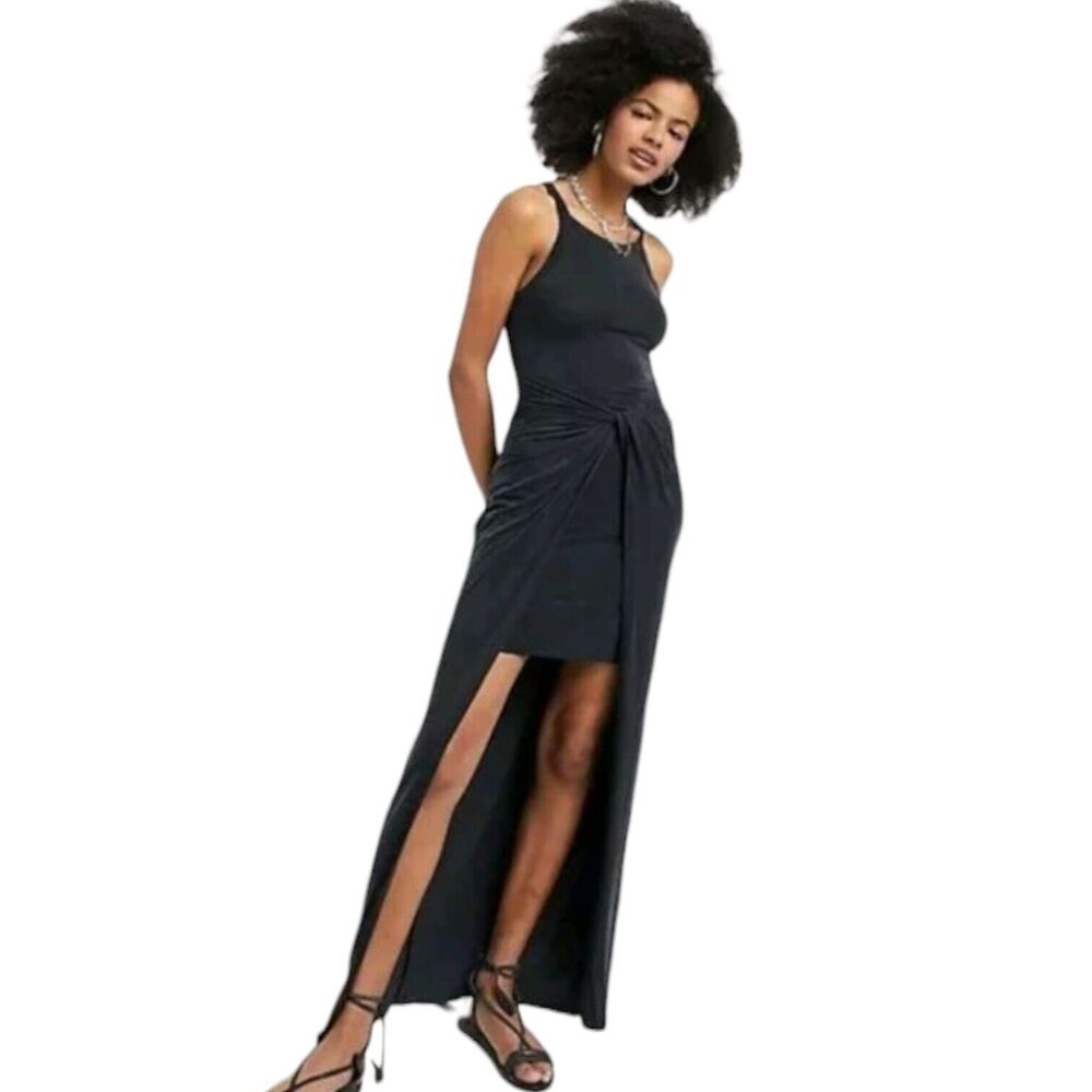 All Saints Sami Cupro Knot Front Maxi Dress Size 4 Black Lightweight Womens